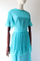 "Turquoise Pleats" Vintage 1960's Turquoise Tiered Pleated Dress UK 8-10 US 4-6