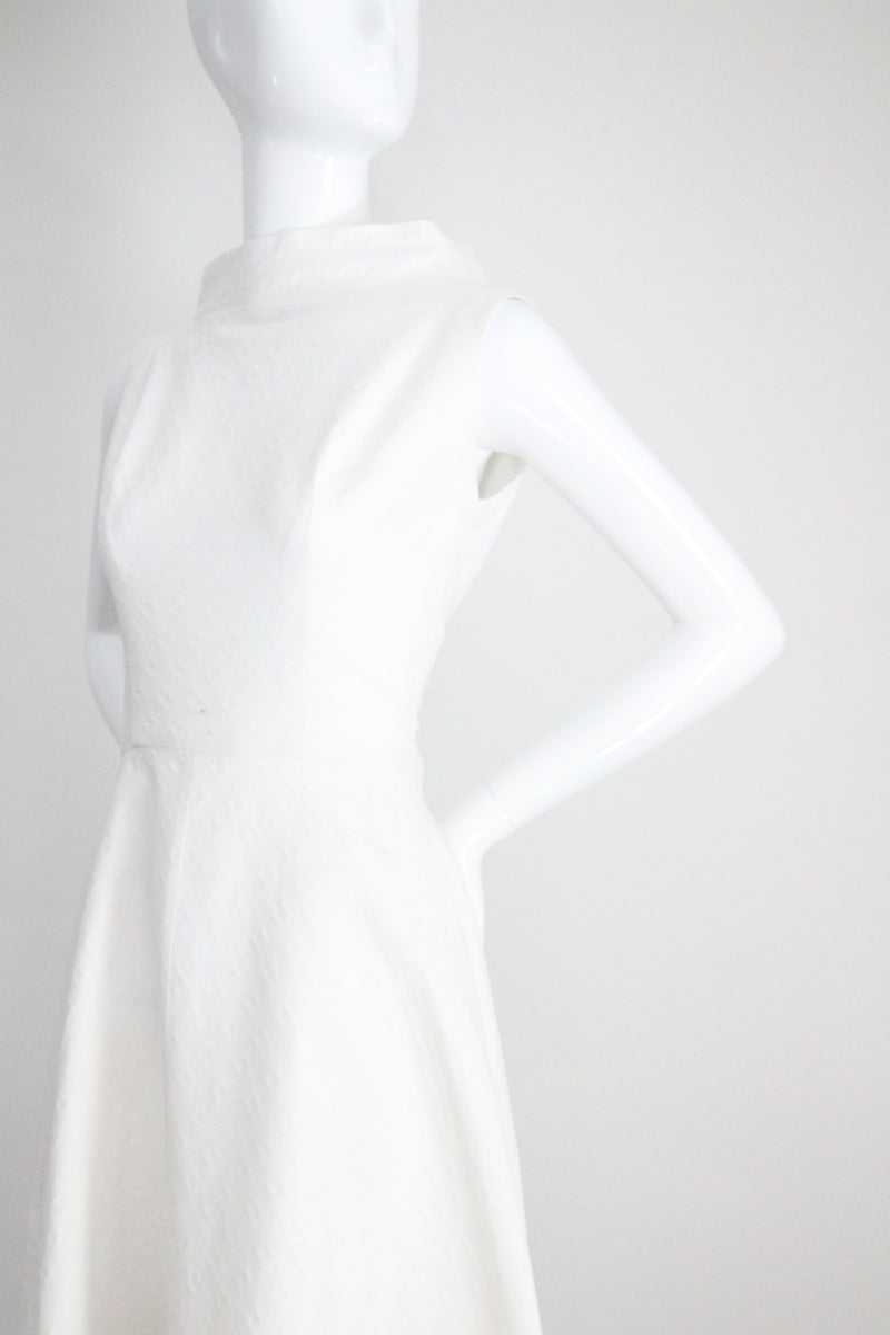 "White Cotton Brocade" Vintage 1950's White Cotton Brocade Cross Over Dress UK 8 US 4