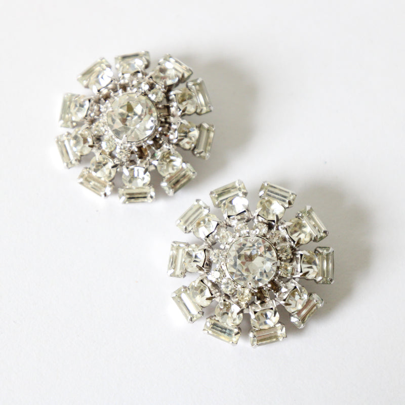 "Sunburst Rhinestones" Vintage 1950's Silver Rhinestone Clip on Earrings