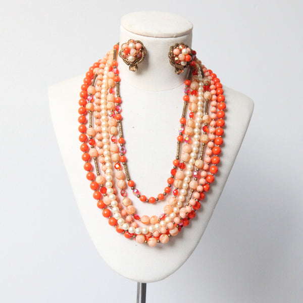 "Orange Sorbet" Vintage 1950's Orange & Pearl Beaded Multi-Strand Necklace & Clip on Earring Demi-Parure Set