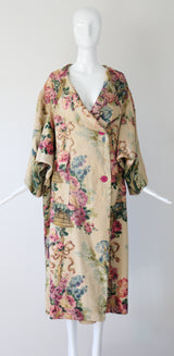 "Chateaux Florals" Vintage 1920's Blooming Floral Print Heavy Linen Coat UK 10-16 US 6-12