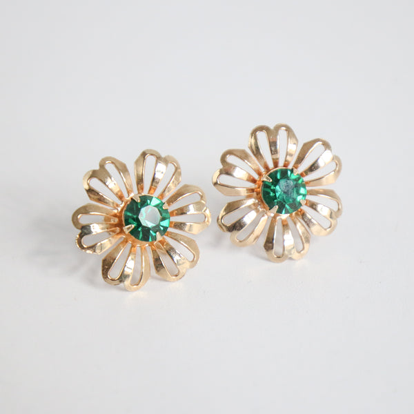 "Emerald Florals" Vintage 1950's Gold & Emerald Rhinestone Screw Back Earrings