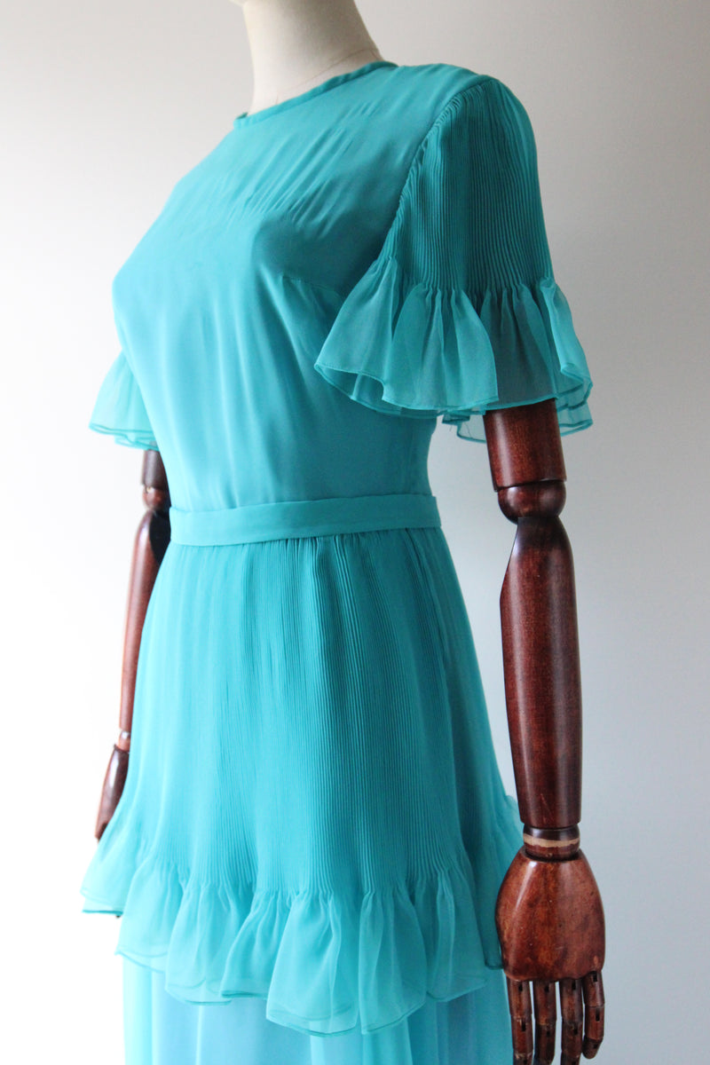 "Turquoise Pleats" Vintage 1960's Turquoise Tiered Pleated Dress UK 8-10 US 4-6