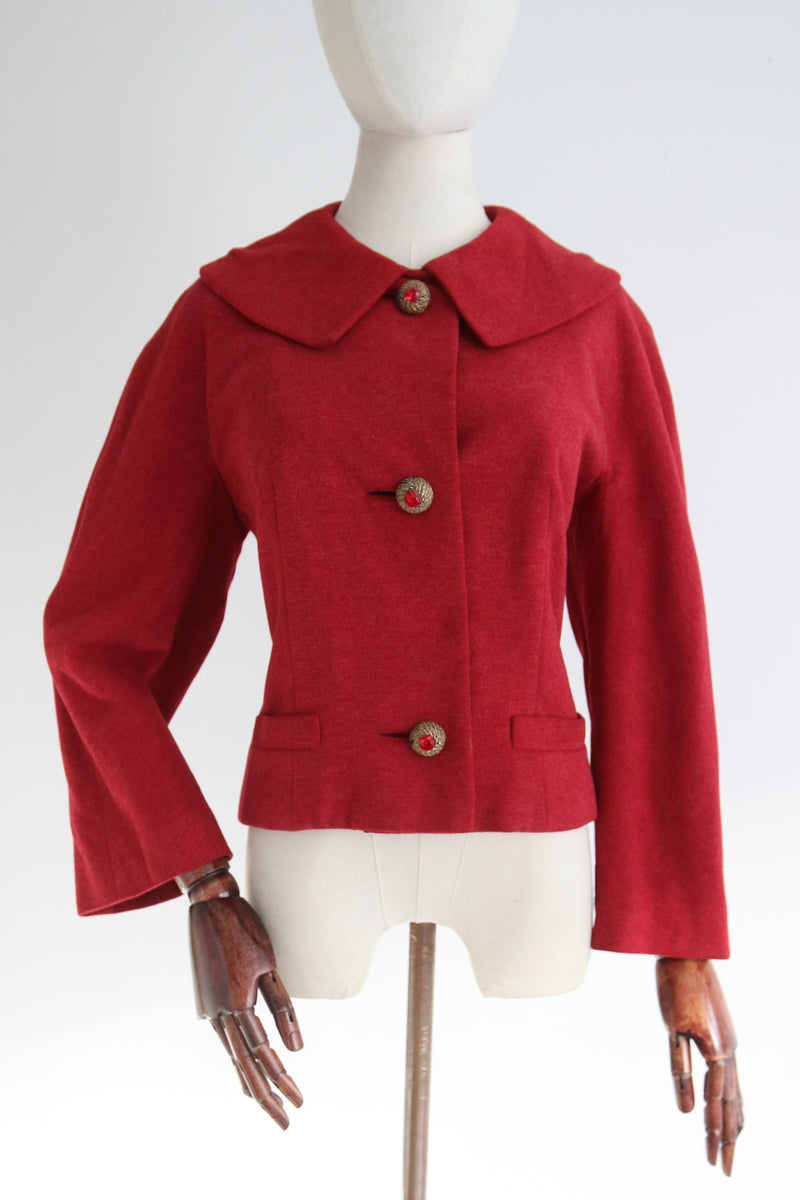 "Rhinestone Rouge" Vintage 1950's Red Wool Jacket UK 14 US 10