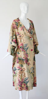 "Chateaux Florals" Vintage 1920's Blooming Floral Print Heavy Linen Coat UK 10-16 US 6-12