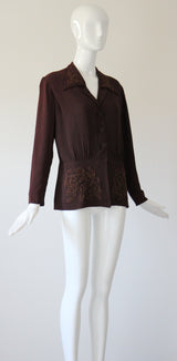 "Bronze Soutache Beadwork" Vintage 1940's Bitter Chocolate Brown Crepe Silk Jacket UK 14 US 10