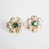 "Emerald Florals" Vintage 1950's Gold & Emerald Rhinestone Screw Back Earrings