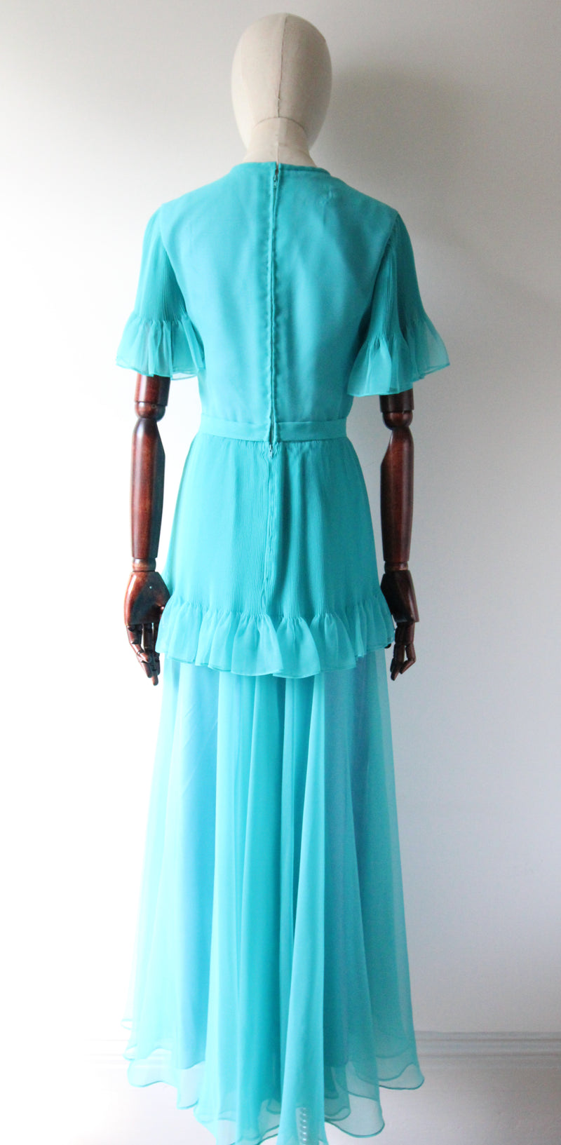 "Turquoise Pleats" Vintage 1960's Turquoise Tiered Pleated Dress UK 8-10 US 4-6