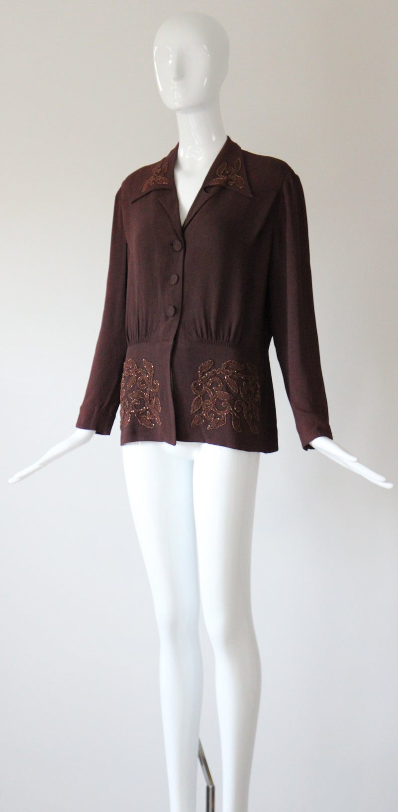 "Bronze Soutache Beadwork" Vintage 1940's Bitter Chocolate Brown Crepe Silk Jacket UK 14 US 10