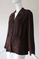 "Bronze Soutache Beadwork" Vintage 1940's Bitter Chocolate Brown Crepe Silk Jacket UK 14 US 10