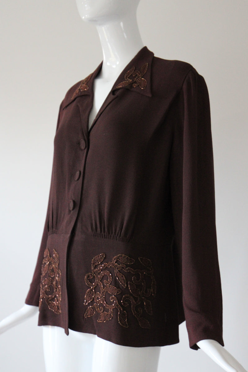 "Bronze Soutache Beadwork" Vintage 1940's Bitter Chocolate Brown Crepe Silk Jacket UK 14 US 10