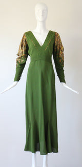 "Amber Lamé" Vintage 1930's Moss Green Silk & Amber Lamé Evening Gown UK 12-14 US 8-10