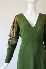 "Amber Lamé" Vintage 1930's Moss Green Silk & Amber Lamé Evening Gown UK 12-14 US 8-10