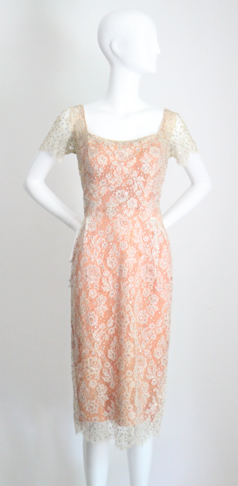 "Chantilly Lace & Rhinestones" Vintage 1950's Howard Greer Lace Dress UK 8 US 4