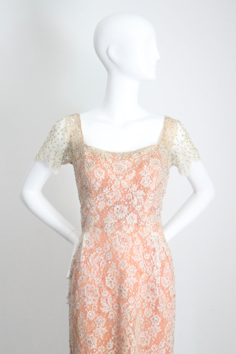 "Chantilly Lace & Rhinestones" Vintage 1950's Howard Greer Lace Dress UK 8 US 4