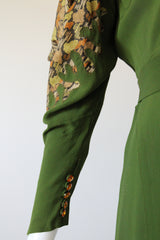 "Amber Lamé" Vintage 1930's Moss Green Silk & Amber Lamé Evening Gown UK 12-14 US 8-10