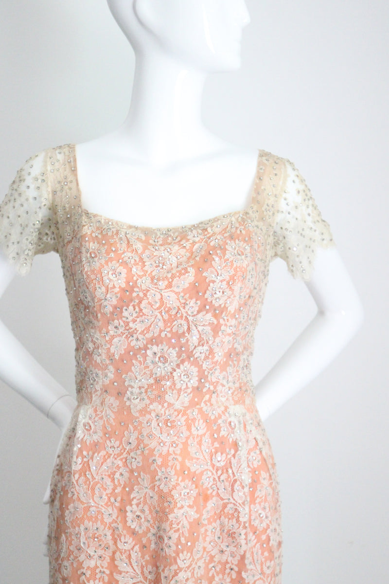 "Chantilly Lace & Rhinestones" Vintage 1950's Howard Greer Lace Dress UK 8 US 4
