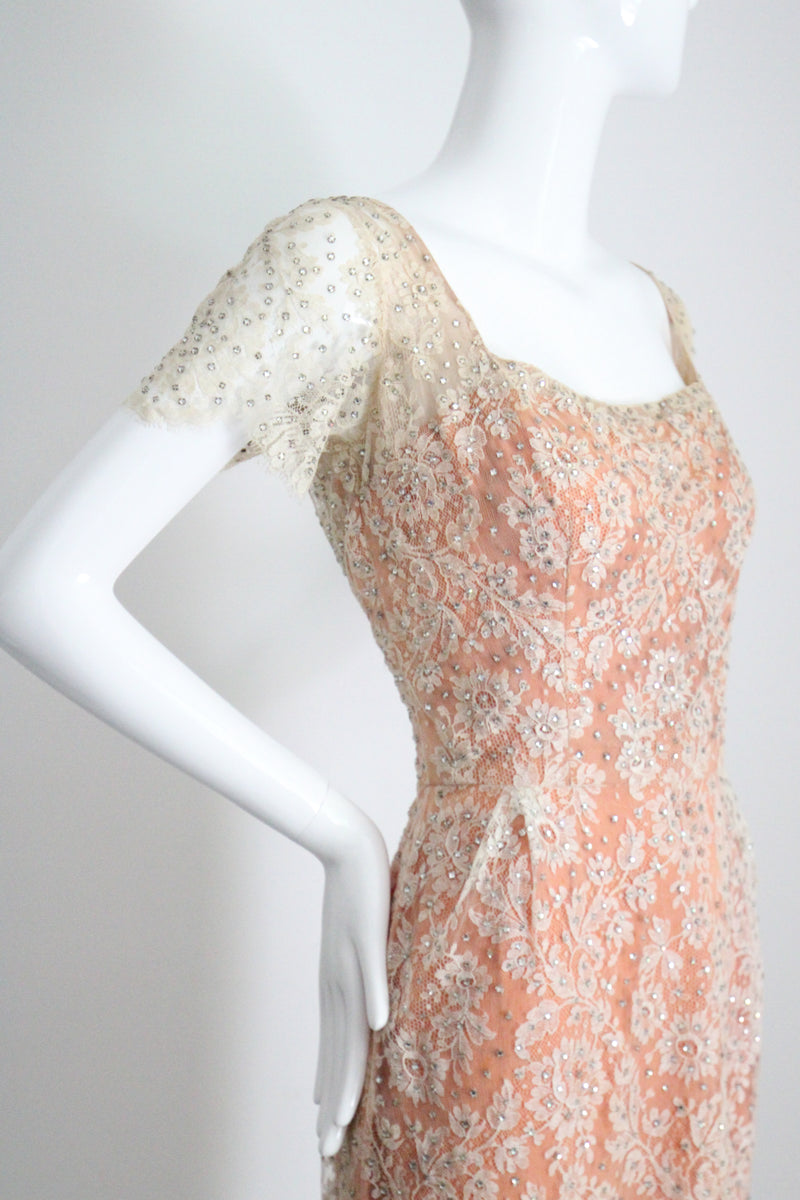 "Chantilly Lace & Rhinestones" Vintage 1950's Howard Greer Lace Dress UK 8 US 4