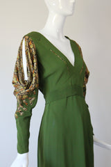 "Amber Lamé" Vintage 1930's Moss Green Silk & Amber Lamé Evening Gown UK 12-14 US 8-10