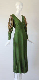 "Amber Lamé" Vintage 1930's Moss Green Silk & Amber Lamé Evening Gown UK 12-14 US 8-10