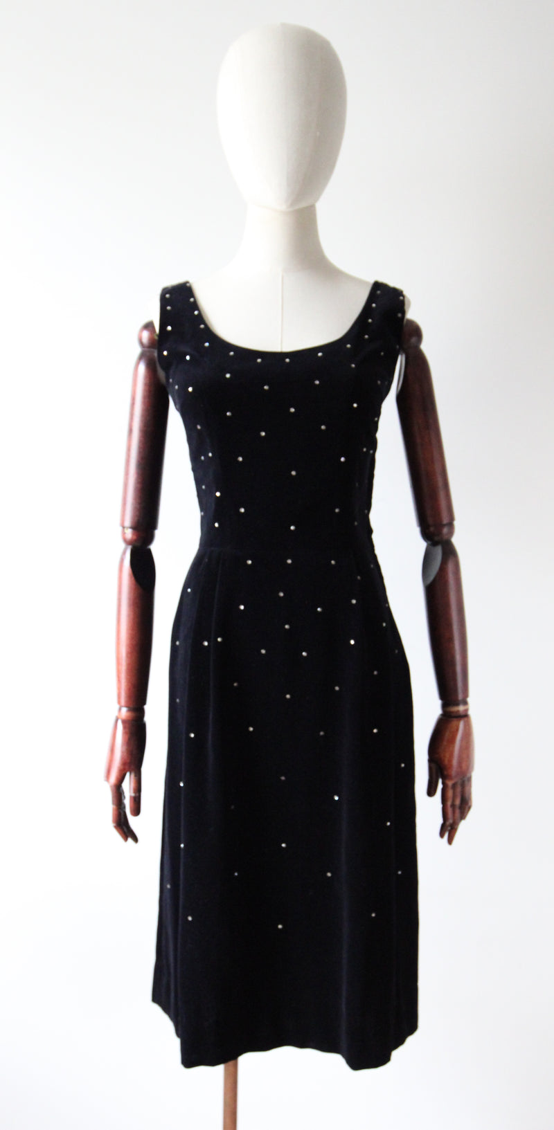 "Velvet & Rhinestones" Vintage 1950's Black Velvet & Rhinestone Embellished Cocktail Dress UK 8 US 4