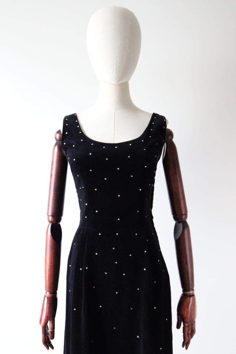 "Velvet & Rhinestones" Vintage 1950's Black Velvet & Rhinestone Embellished Cocktail Dress UK 8 US 4