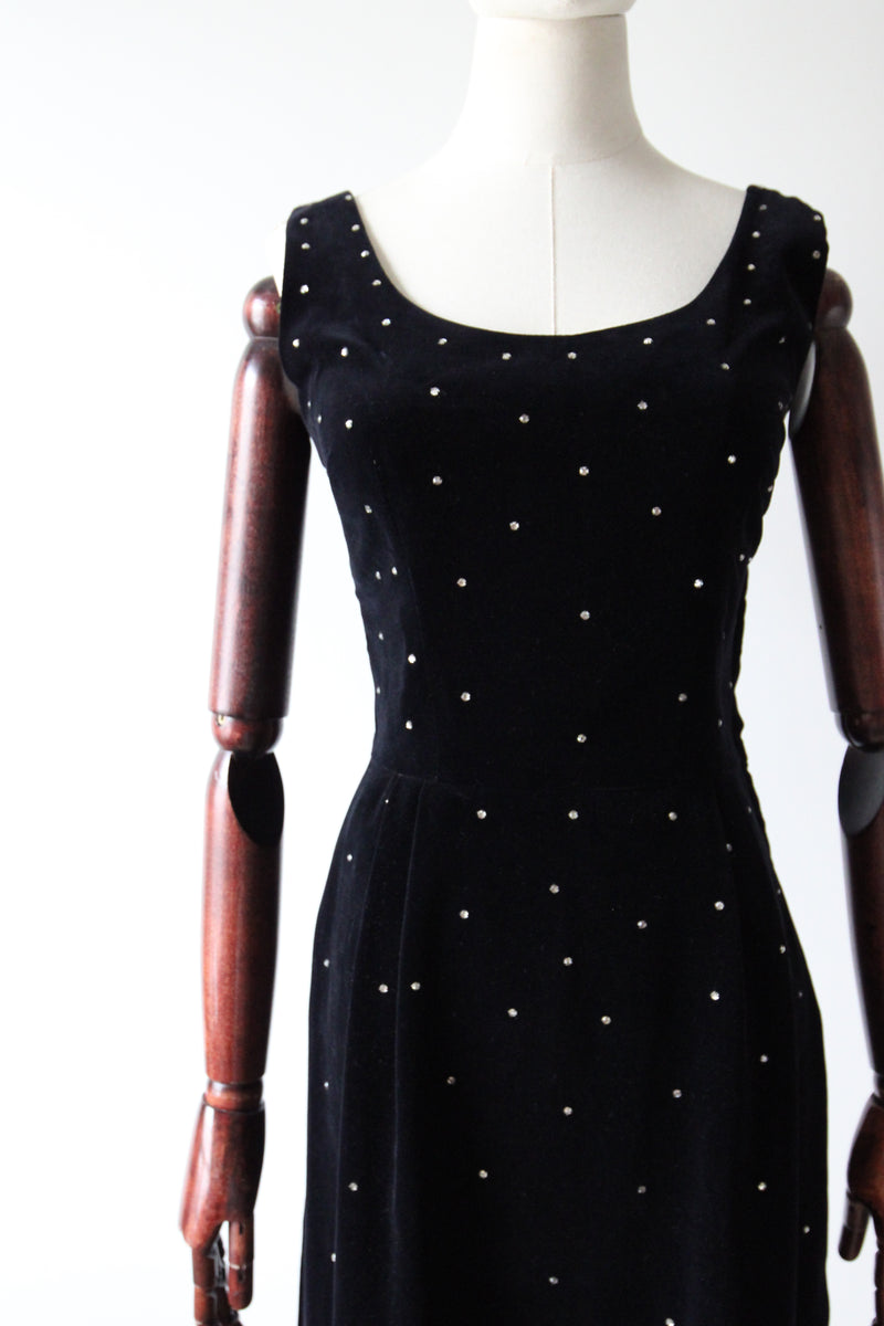 "Velvet & Rhinestones" Vintage 1950's Black Velvet & Rhinestone Embellished Cocktail Dress UK 8 US 4