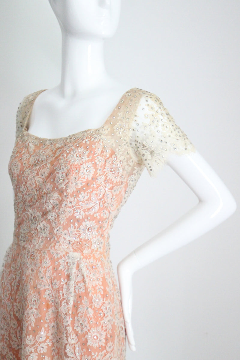 "Chantilly Lace & Rhinestones" Vintage 1950's Howard Greer Lace Dress UK 8 US 4