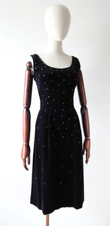 "Velvet & Rhinestones" Vintage 1950's Black Velvet & Rhinestone Embellished Cocktail Dress UK 8 US 4