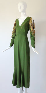 "Amber Lamé" Vintage 1930's Moss Green Silk & Amber Lamé Evening Gown UK 12-14 US 8-10