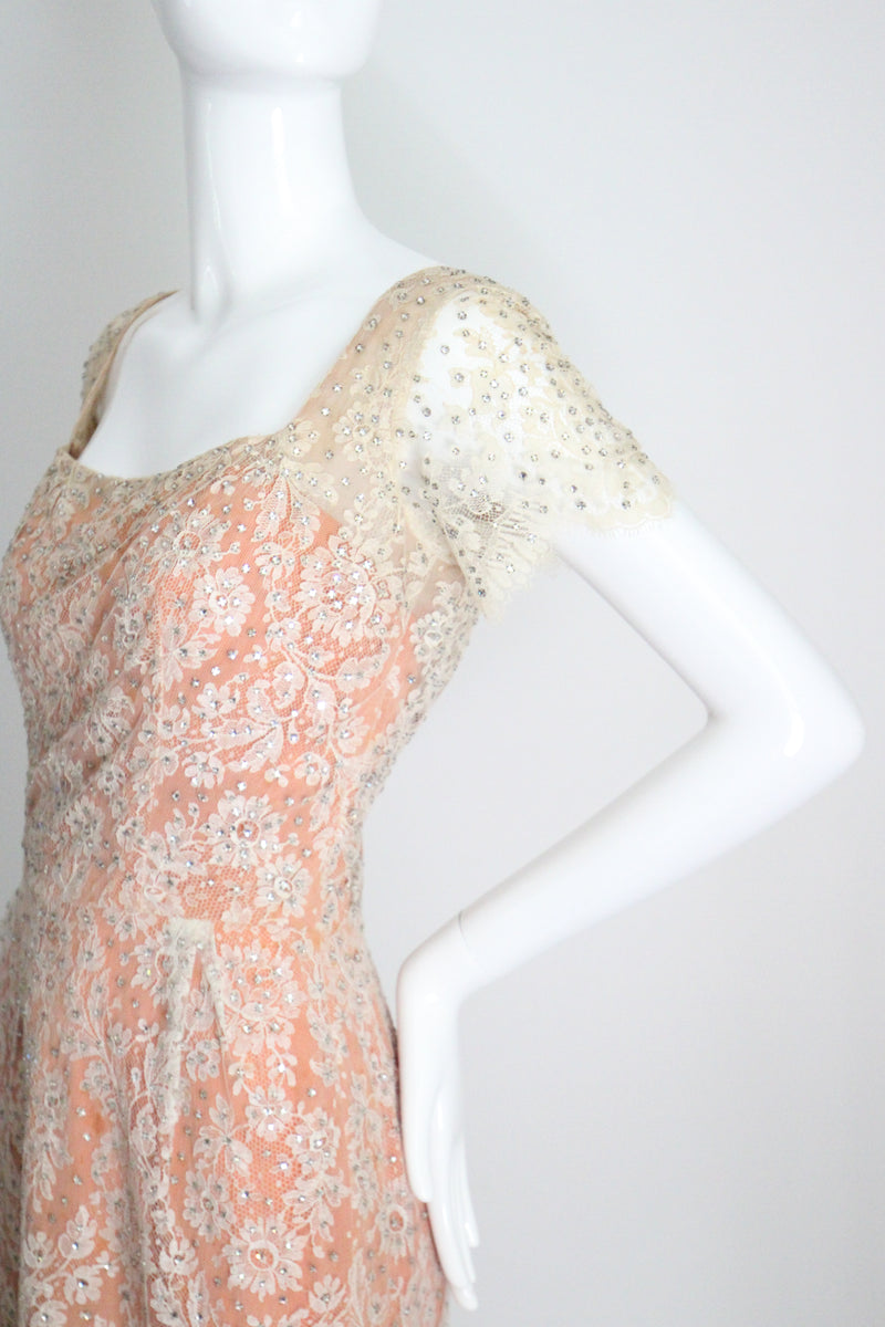 "Chantilly Lace & Rhinestones" Vintage 1950's Howard Greer Lace Dress UK 8 US 4