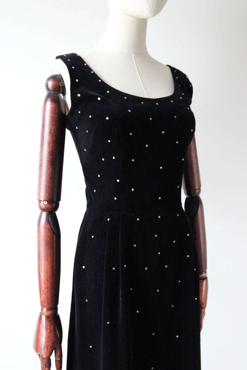 "Velvet & Rhinestones" Vintage 1950's Black Velvet & Rhinestone Embellished Cocktail Dress UK 8 US 4