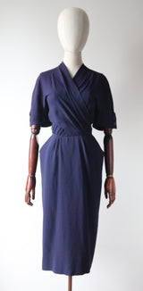 "Navy Blue Pleats" Vintage 1940's Navy Blue Pleated Button Back Dress UK 10 US 6