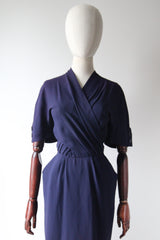 "Navy Blue Pleats" Vintage 1940's Navy Blue Pleated Button Back Dress UK 10 US 6