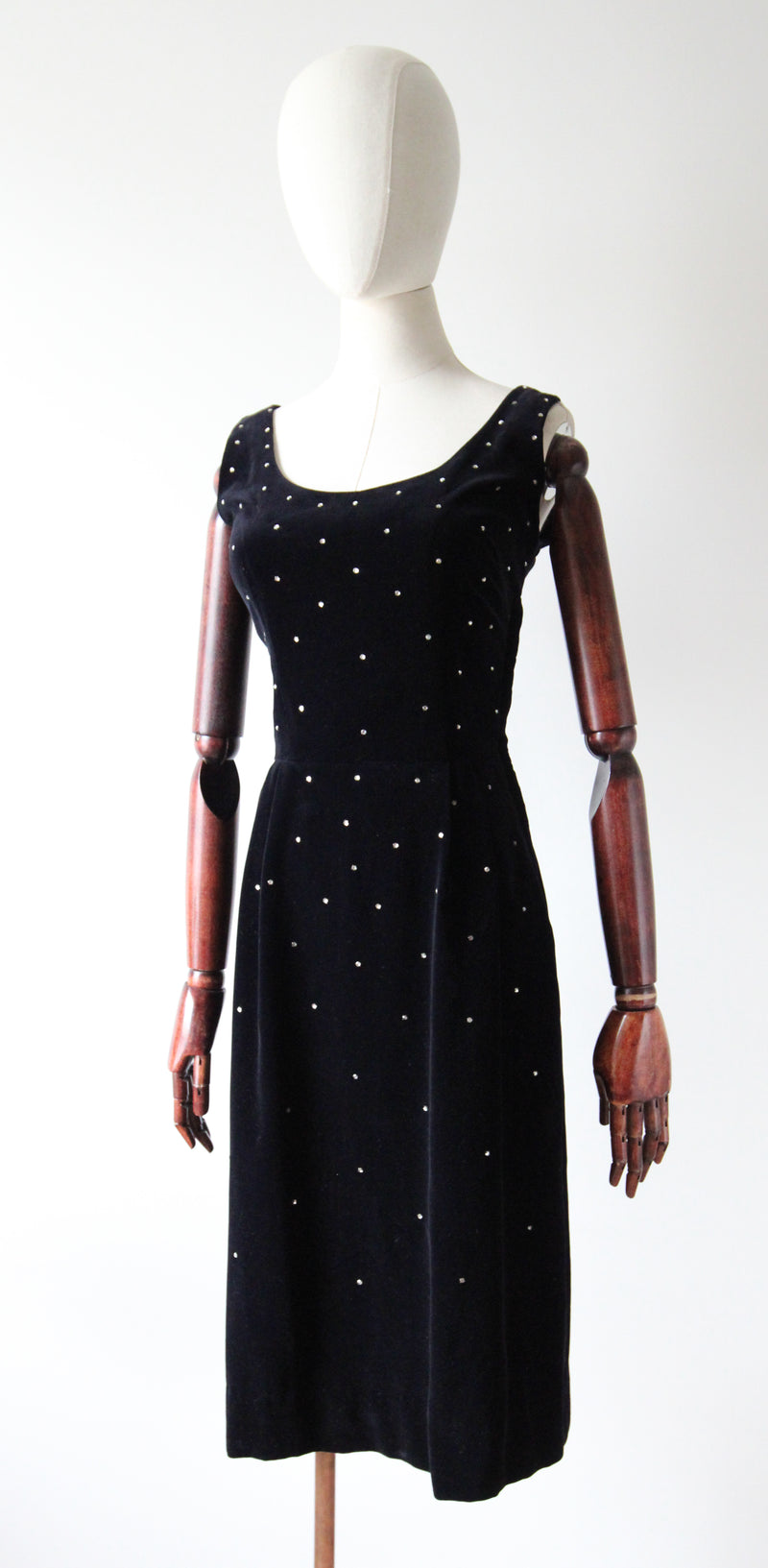 "Velvet & Rhinestones" Vintage 1950's Black Velvet & Rhinestone Embellished Cocktail Dress UK 8 US 4