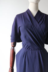 "Navy Blue Pleats" Vintage 1940's Navy Blue Pleated Button Back Dress UK 10 US 6