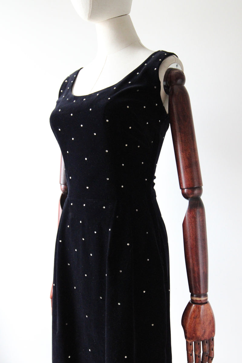 "Velvet & Rhinestones" Vintage 1950's Black Velvet & Rhinestone Embellished Cocktail Dress UK 8 US 4