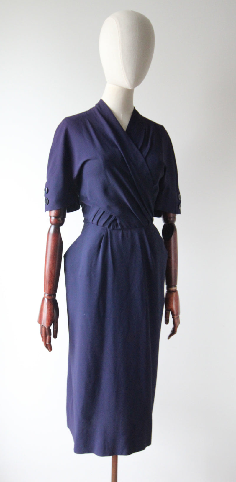 "Navy Blue Pleats" Vintage 1940's Navy Blue Pleated Button Back Dress UK 10 US 6