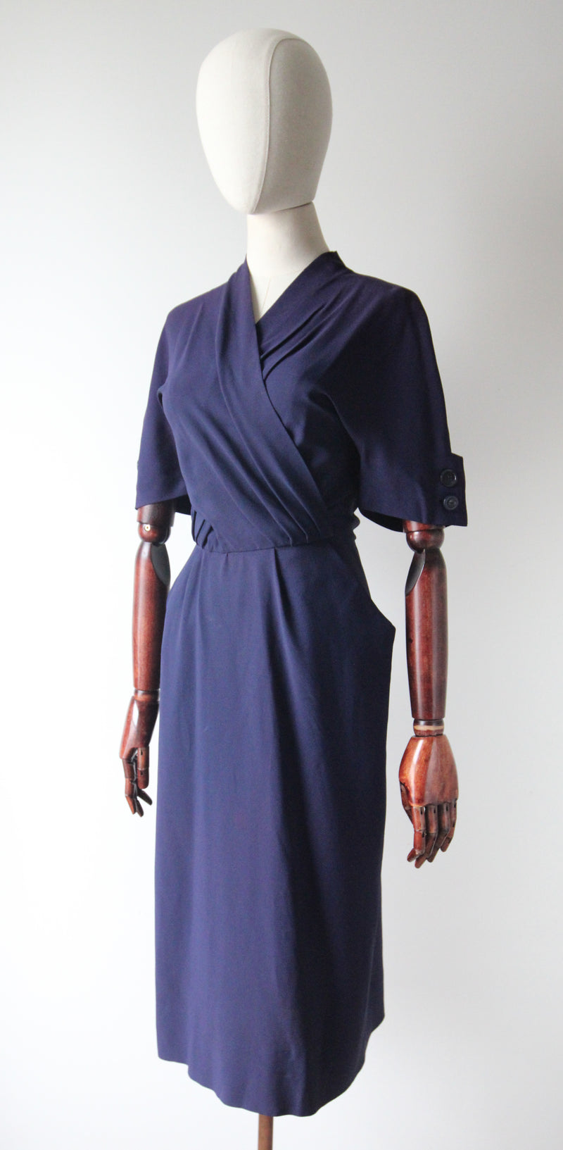 "Navy Blue Pleats" Vintage 1940's Navy Blue Pleated Button Back Dress UK 10 US 6