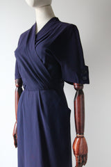 "Navy Blue Pleats" Vintage 1940's Navy Blue Pleated Button Back Dress UK 10 US 6