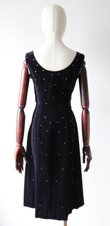 "Velvet & Rhinestones" Vintage 1950's Black Velvet & Rhinestone Embellished Cocktail Dress UK 8 US 4