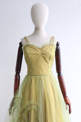 "Chartreuse Tulle & Gold Sequins" Vintage 1950's Chartreuse Green & Gold Tulle Dress UK 8 US 4