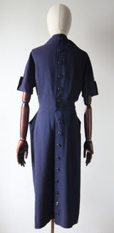 "Navy Blue Pleats" Vintage 1940's Navy Blue Pleated Button Back Dress UK 10 US 6