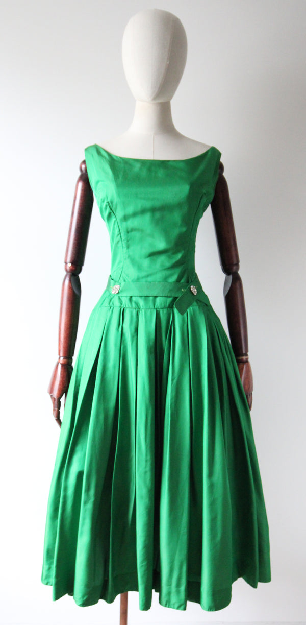 "Evergreen & Rhinestones" Vintage 1950's Suzy Perette Evergreen Silk & Rhinestone Dress UK 8 US 4