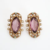 "Lilac & Pearls" Vintage 1950's Statement Lilac Cabochon & Pearl Clip in Earrings