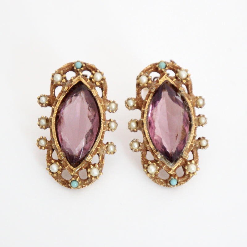 "Lilac & Pearls" Vintage 1950's Statement Lilac Cabochon & Pearl Clip in Earrings