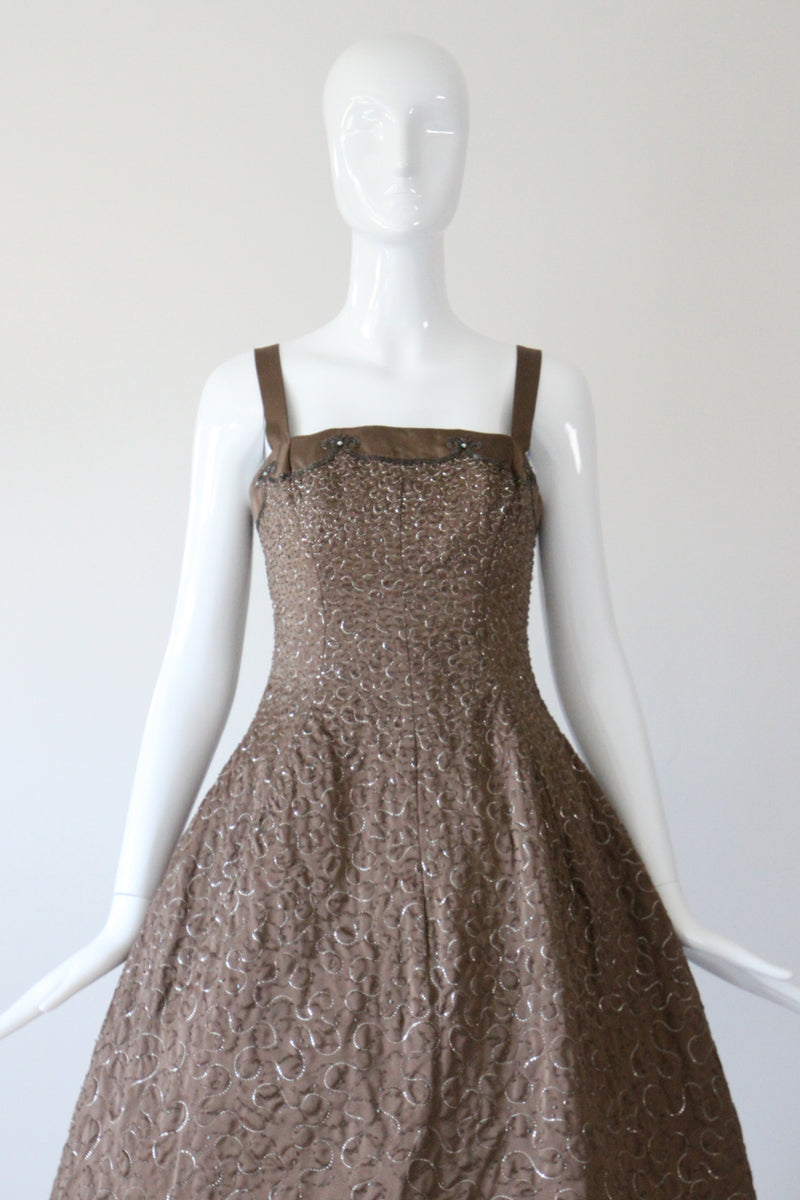 "Swirling Silver Threads & Beadwork" Vintage 1950's Beaded & Embroidered Hooped Satin Cocktail Dress UK 8 US 4