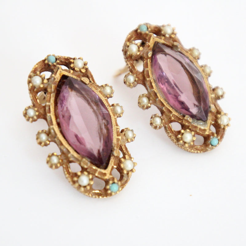 "Lilac & Pearls" Vintage 1950's Statement Lilac Cabochon & Pearl Clip in Earrings