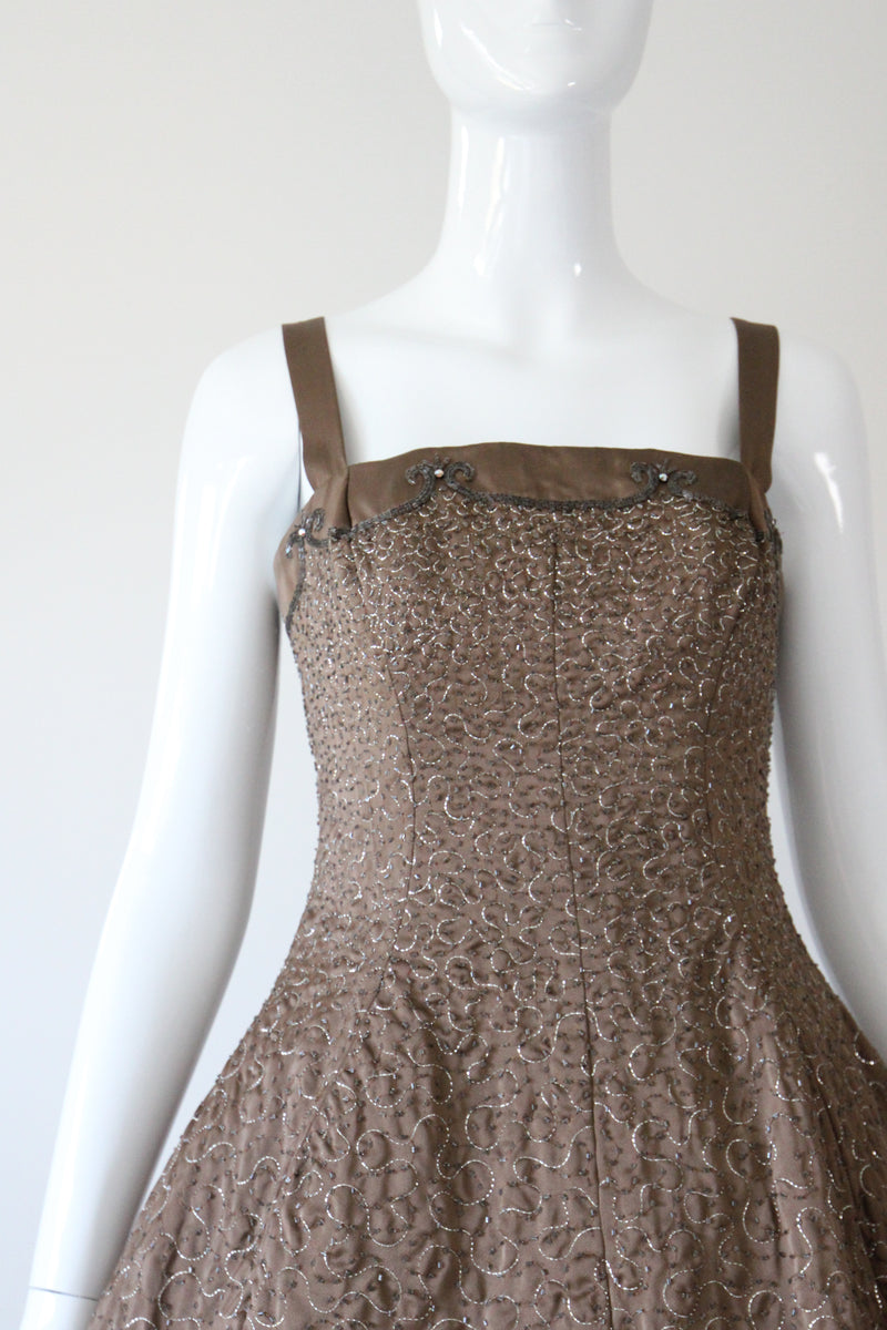 "Swirling Silver Threads & Beadwork" Vintage 1950's Beaded & Embroidered Hooped Satin Cocktail Dress UK 8 US 4