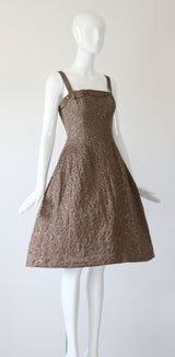 "Swirling Silver Threads & Beadwork" Vintage 1950's Beaded & Embroidered Hooped Satin Cocktail Dress UK 8 US 4